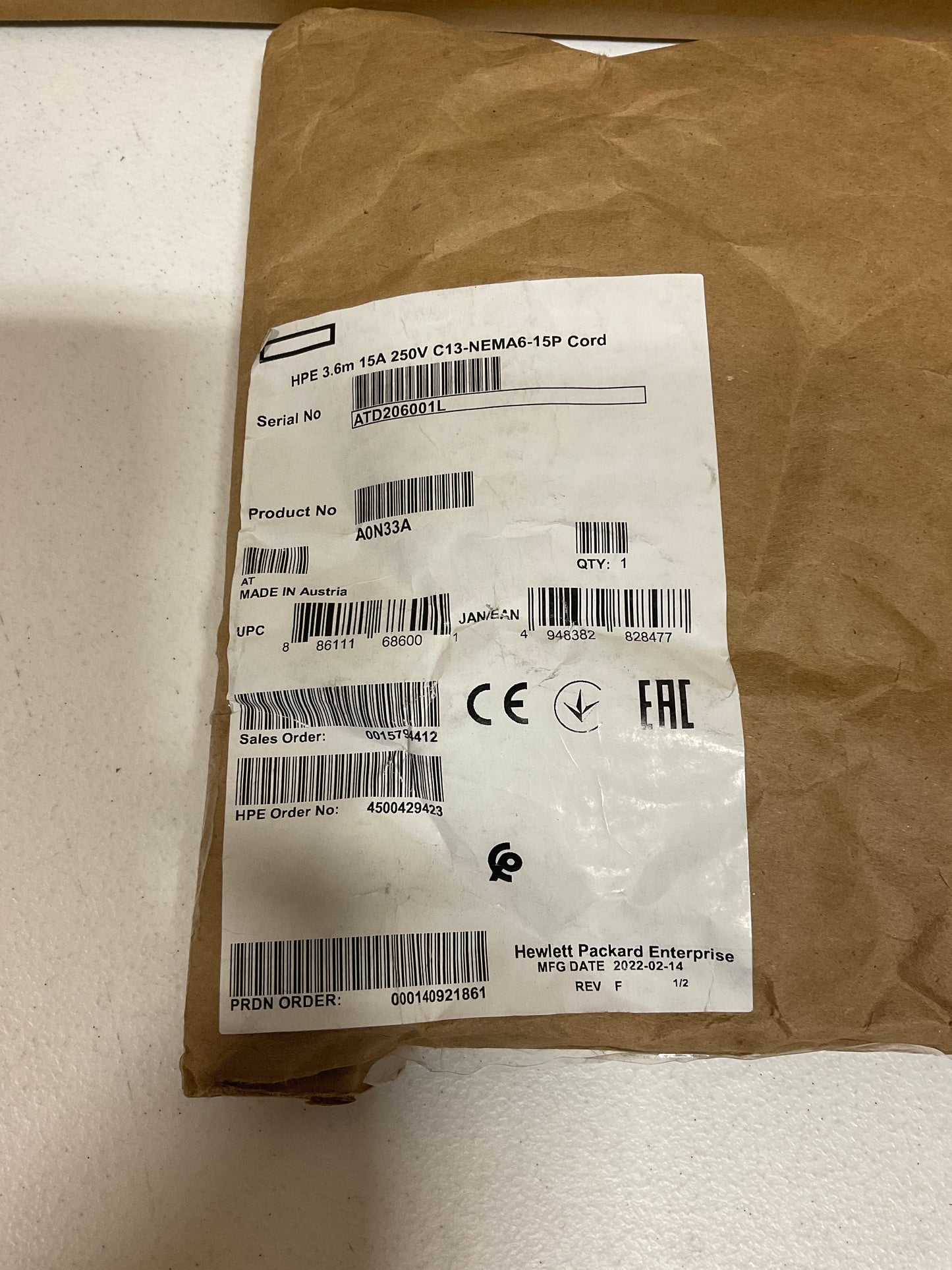 HPE-NEMA-6-15P-Power-Cable
