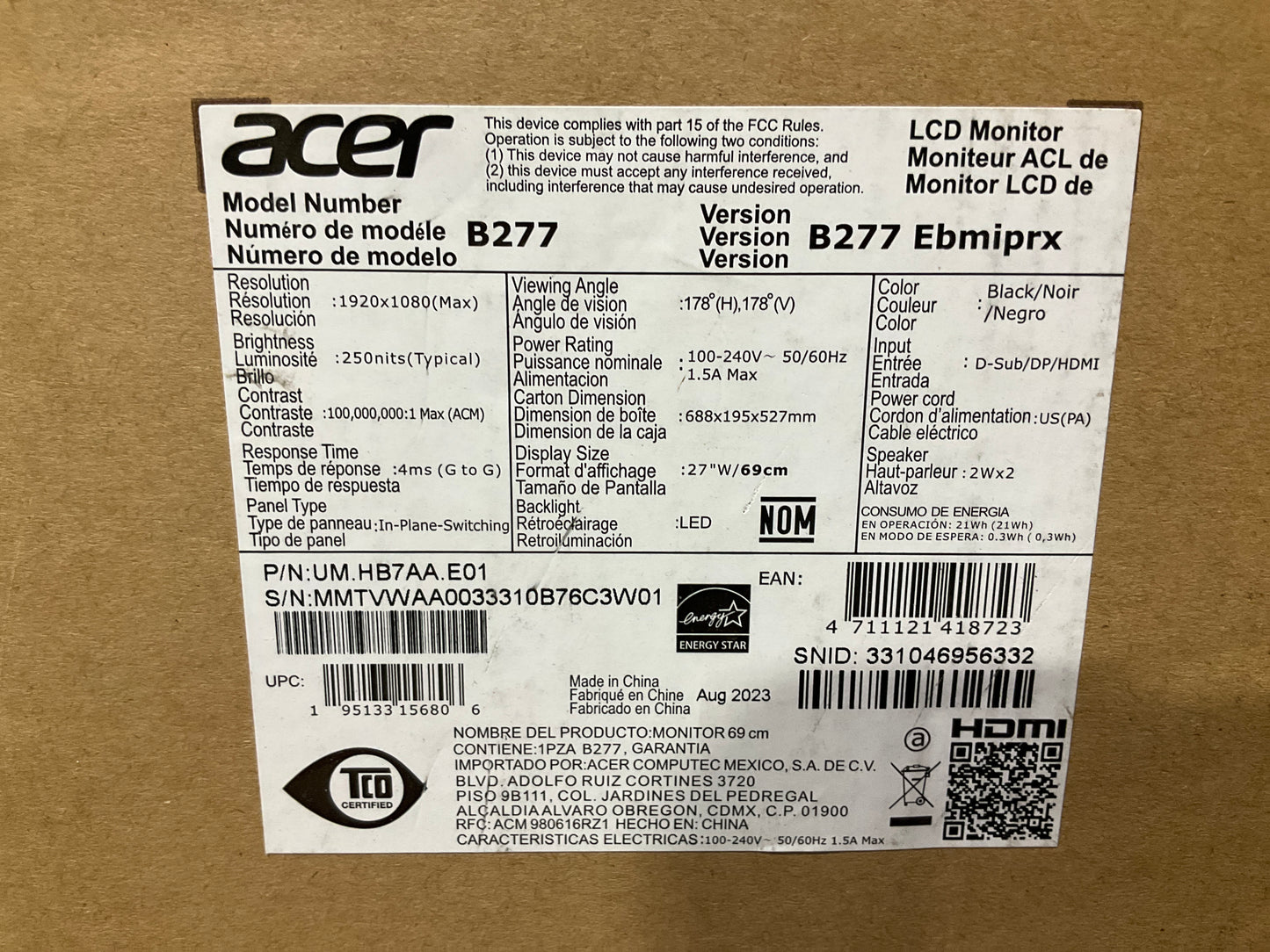 Acer-Vero-B277-27--LED-LCD-Monitor--1080p-