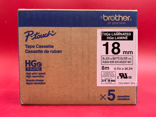 Brother-P-Touch-HGe-Adhesive-Tape-Cassette--18mm-Black-on-Matte-Silver---5-pack-